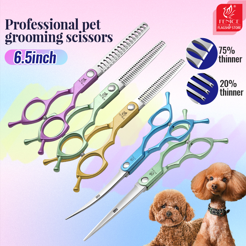 Grooming Scissors - フェニーチェ 6.5インチ プロ用犬用グルーミングハサミセットキット ストレート＆シンナー＆カーブドグルーミングシザーズツールセット テソウラ Wマーク
